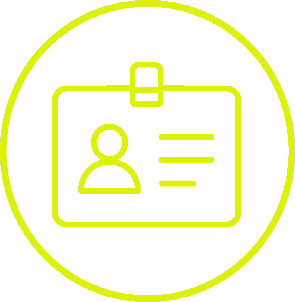 Yellow outline of an ID badge icon with a user silhouette and lines, inside a yellow circle, on a white background.