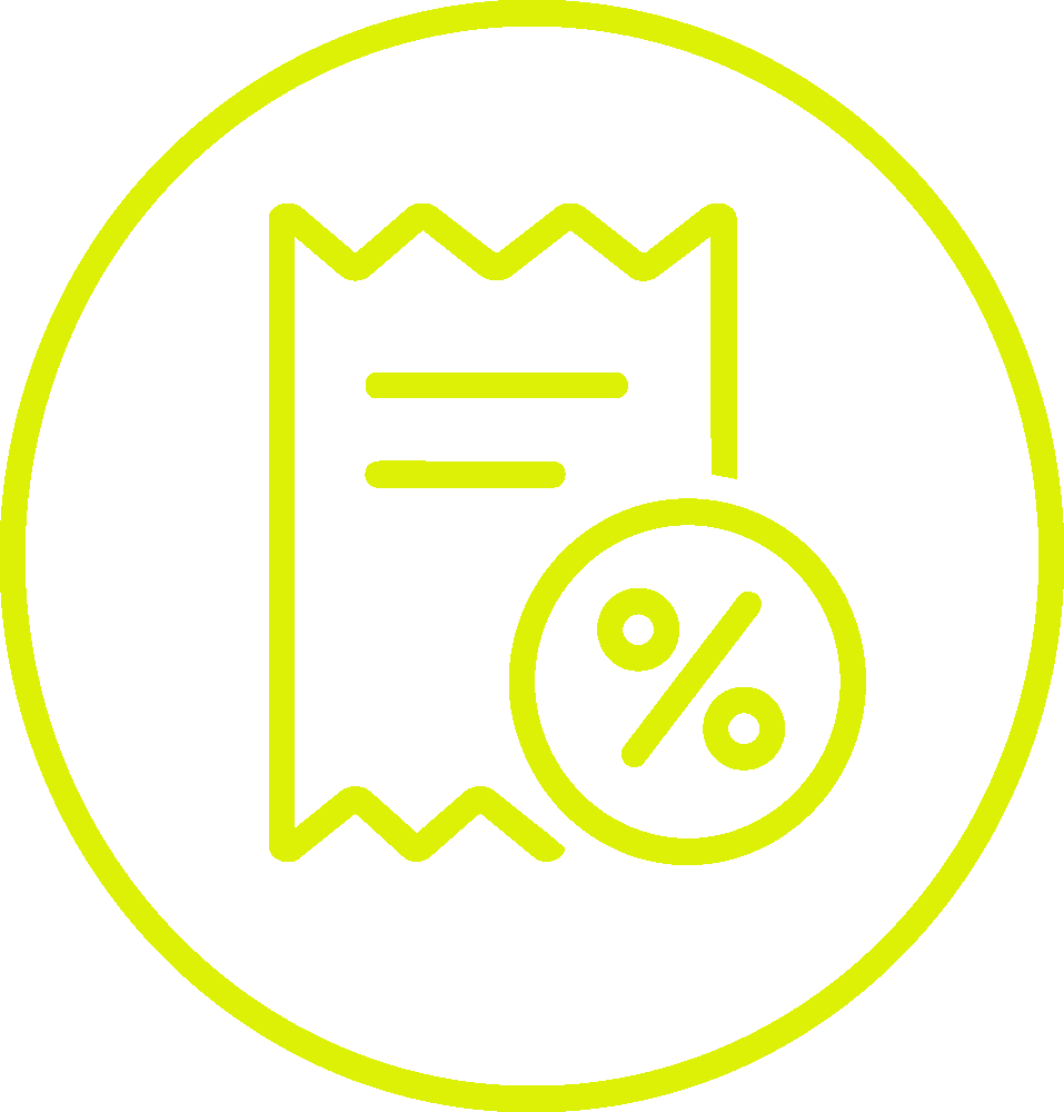 A yellow outline of a receipt and a percentage symbol inside a circle on a white background.