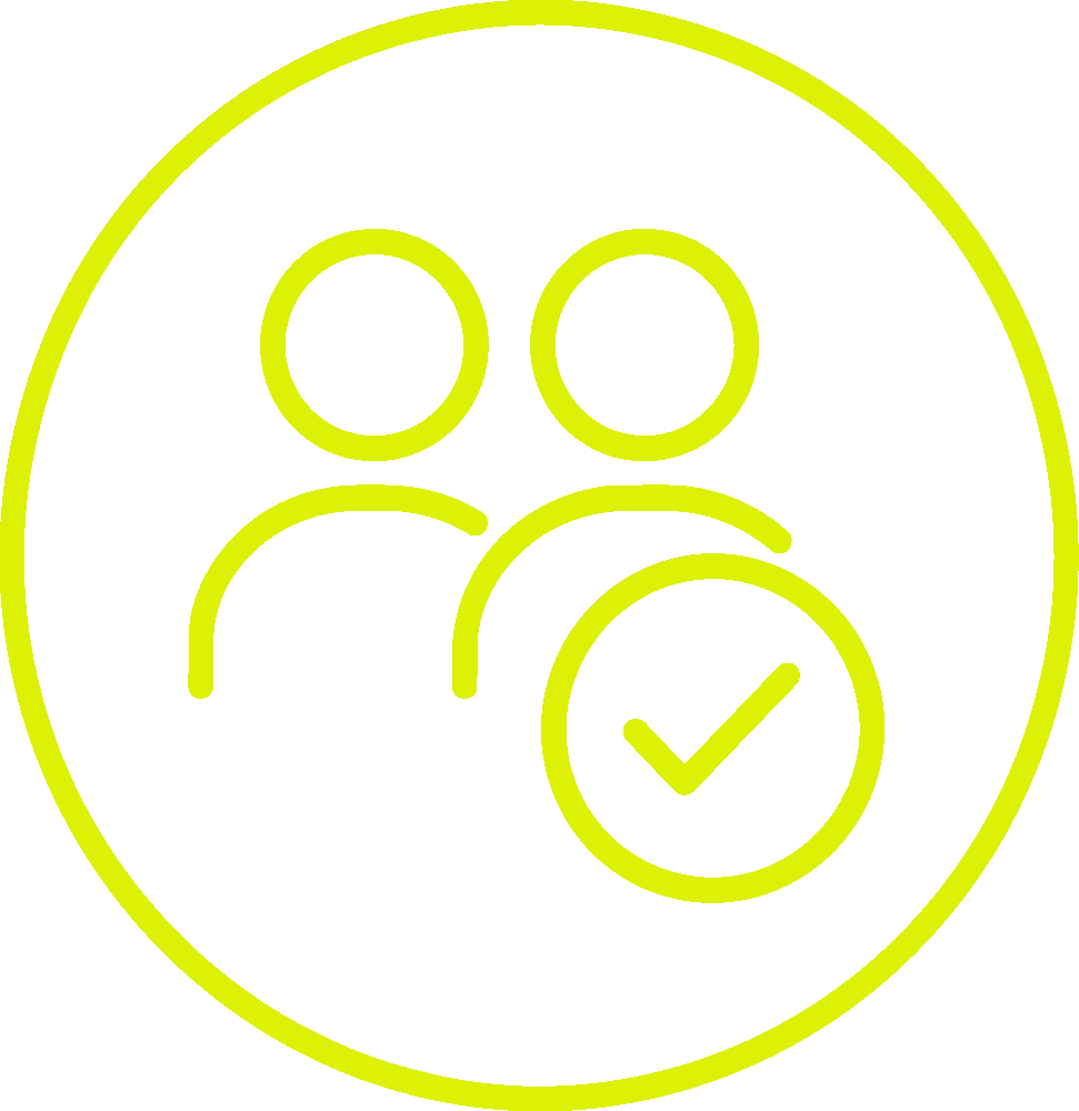 Two simple human figures with a tick inside a circle, outlined in yellow on a white background.