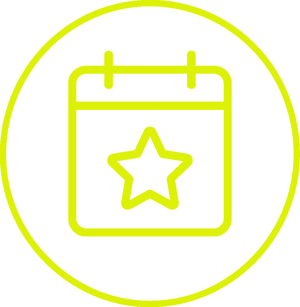 Yellow outline of a calendar with a star in the centre, enclosed in a yellow circle, on a white background.