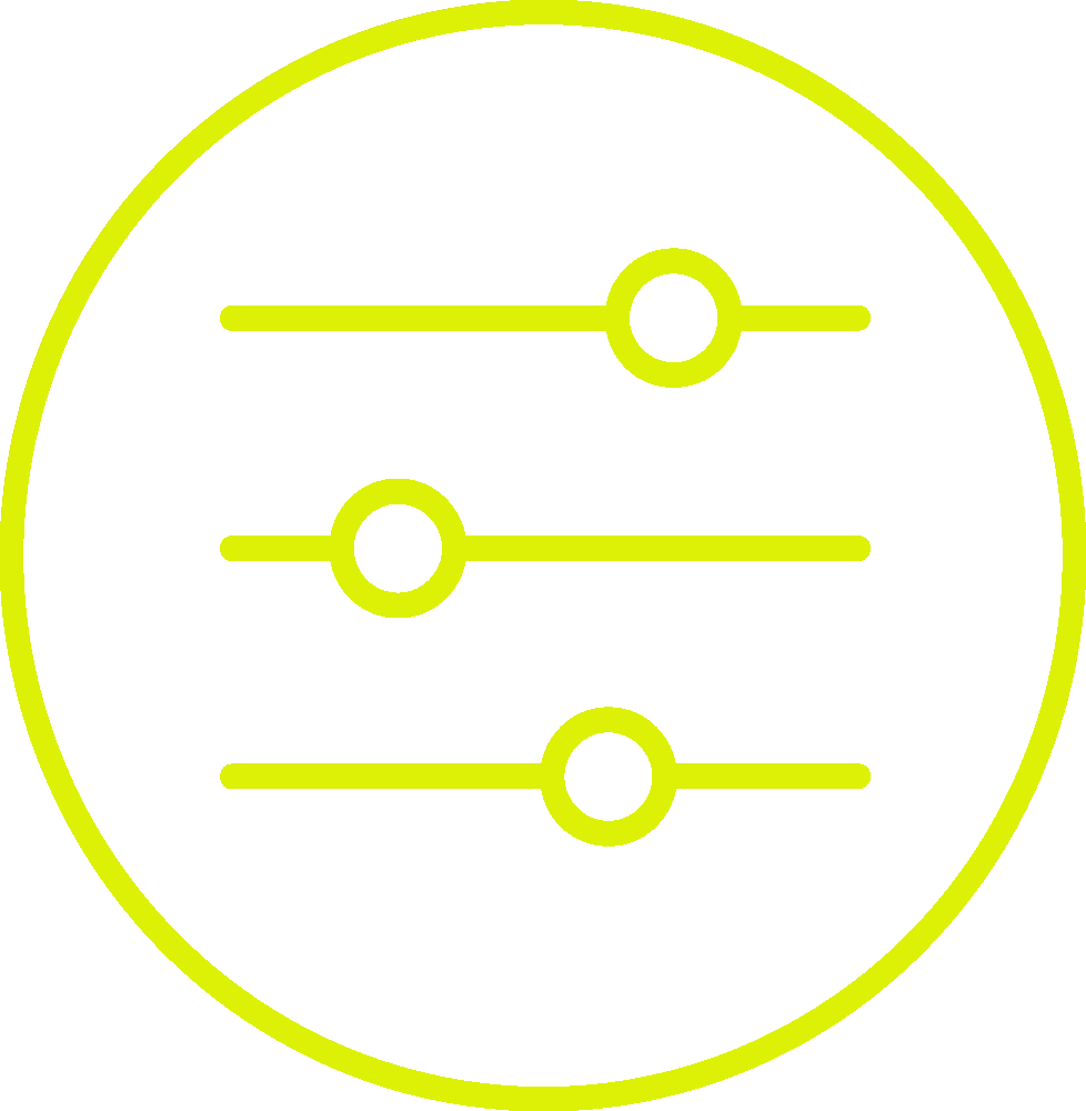 Three horizontal sliders with circular knobs inside a yellow circle, resembling a settings or controls icon.
