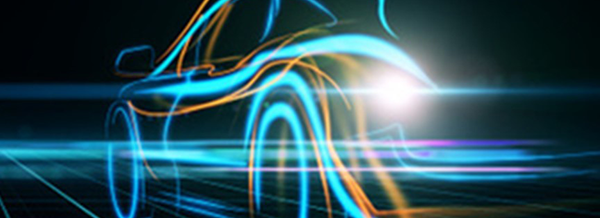 Neon lines outline a car in motion against a dark background with light trails.