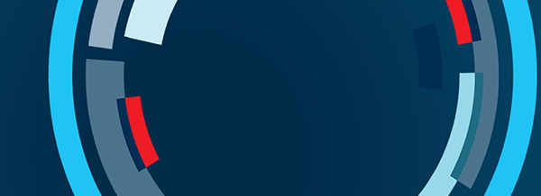 Abstract blue background with overlapping curved shapes and a small red accent on the left-hand side.