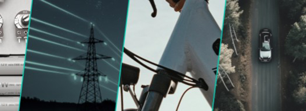 Four images: batteries, a power line with lights, a bicycle frame, and a car driving on a forest road, separated by teal diagonal lines.