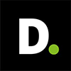 A white letter D with a green dot on a black square background.