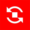 White square with two circular arrows on a red background, symbolising sync, update, or recycling.