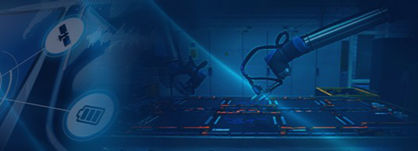 A robotic arm works on a high-tech circuit board, with digital icons and blue lighting in the background.