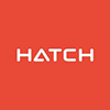 White text HATCH with a stylised A on a solid orange-red square background.