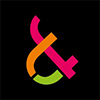 A stylised ampersand with pink, orange, and green segments on a black background.