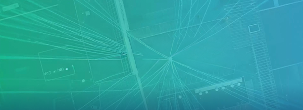Abstract blue and green background with intersecting lines, geometric patterns, and faint building outlines.