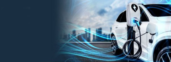 White electric car charging at a power station with blue energy lines and a city skyline in the background.