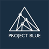 White geometric triangle logo with PROJECT BLUE text on a dark blue background.