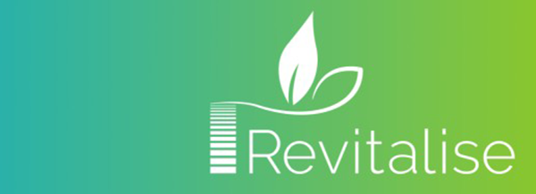 Revitalise logo with a white leaf design on a green and blue gradient background.