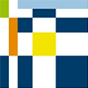 Abstract geometric pattern with dark blue, white, yellow, orange, green, and light blue rectangles and squares arranged in a grid.