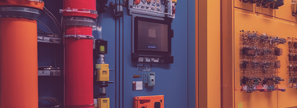 Industrial control panel with red, blue, and yellow sections, switches, buttons, and various control devices.