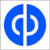 Blue and white geometric logo with a circle divided vertically and curved lines inside, creating a symmetrical abstract design.