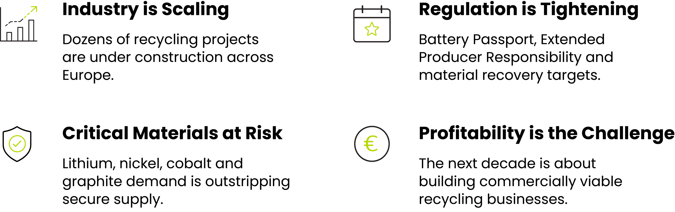 Four quadrants describe recycling: scaling industry, tightening regulation, critical material risks, and challenges to profitability.