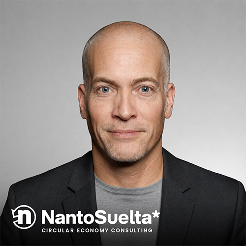 Christopher Hug, posing against a grey background with NantoSuelta logo at the bottom.