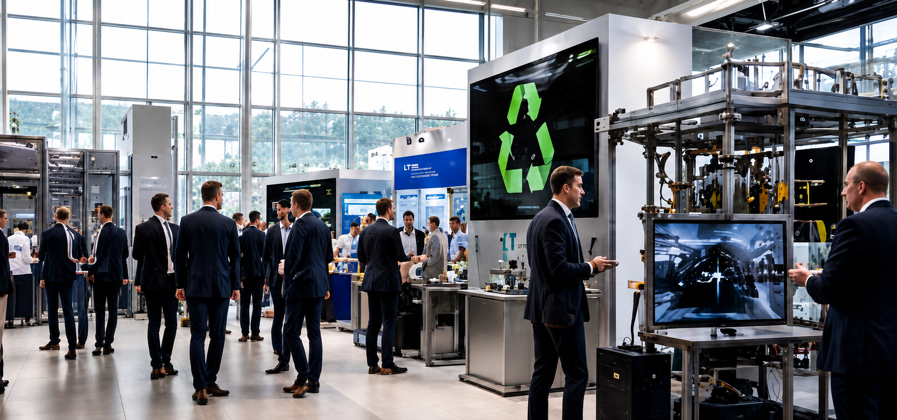 Business people in suits network at a modern tech exhibition with machines, screens, and a large recycling symbol displayed.