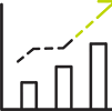 Bar chart with four ascending bars and a dashed line trending upwards, ending with a solid yellow arrow pointing higher.