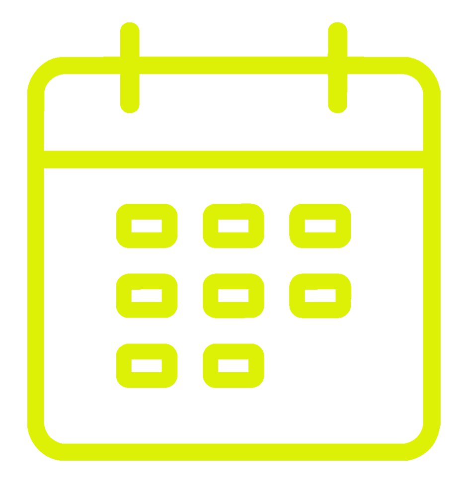 Neon yellow outline of a calendar icon with grid squares, on a light grey background.