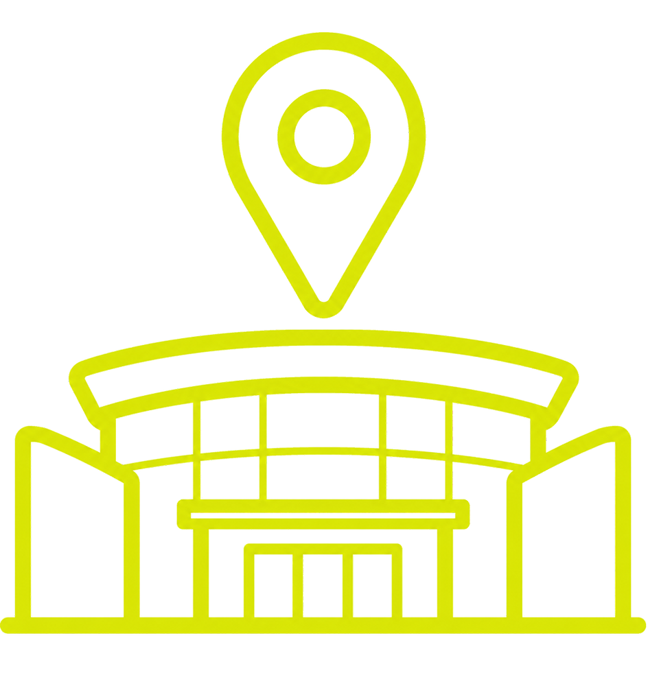 Yellow outline of a building with a large map location pin above it, suggesting a place or destination.