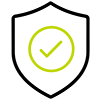 A black shield outline with a green tick in a circle at the centre, symbolising security or protection.